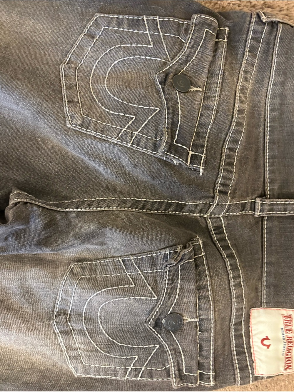 True Religion Women’s Gray Slim Straight Jeans with Contrast Stitching
